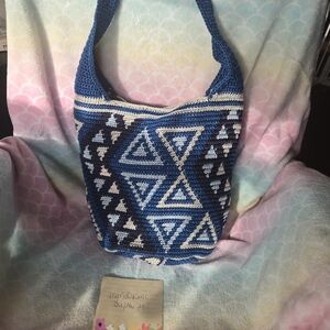EUC The Sak bucket shoulder crochet blue bali